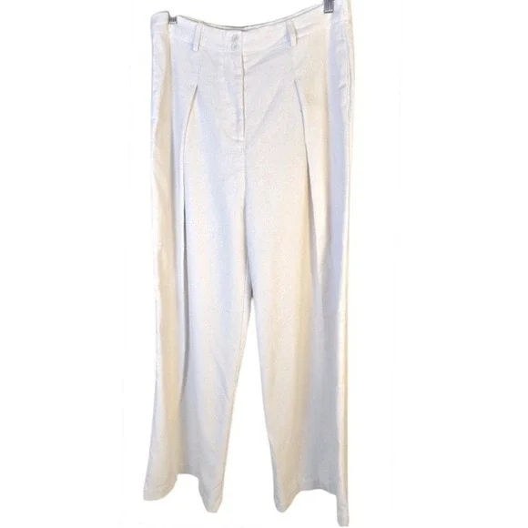 Commense Womens Large White Linen Viscose‎ Wide Leg Trousers Pleated High Waist - Picture 2 of 8